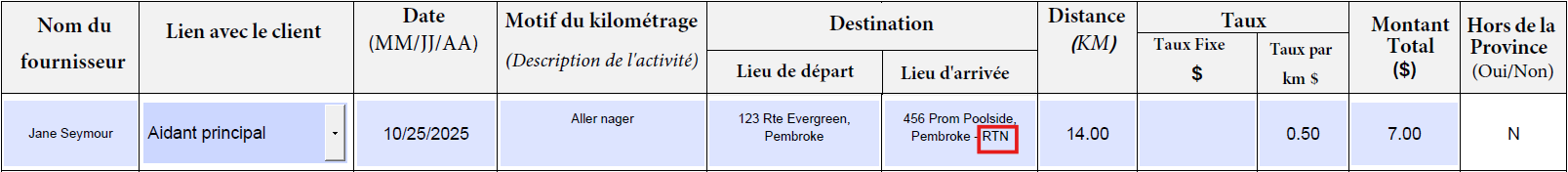 Option 1 pour inscrire un aller-retour